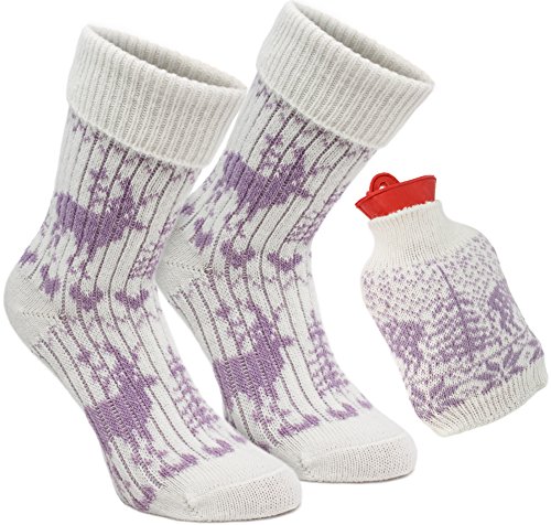 BRUBAKER Kuschel Geschenkset Warme Füße Damen Norweger Socken mit Wärmflasche Rot - Kuschelsocken Set für Frauen - Flieder Lila von BRUBAKER