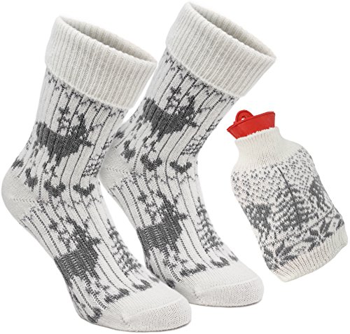 BRUBAKER Kuschel Geschenkset Warme Füße Damen Norweger Socken mit Wärmflasche Rot - Kuschelsocken Set für Frauen - Grau von BRUBAKER