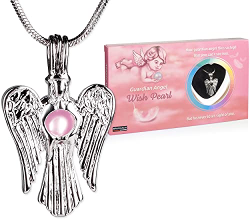 BRUBAKER Schutzengel "Guardian Angel" Wunschperle - Halskette mit Silber Engel Anhänger + Muschel mit echter Perle als Schmuck Geschenkset - Wish Pearl von BRUBAKER