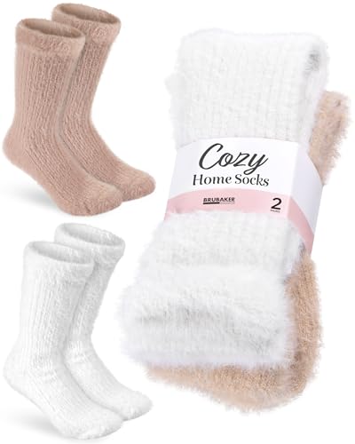 BRUBAKER 2 Paar flauschige Bettsocken Beige Weiß - Warme Damen Kuschelsocken - Weiche atmungsaktive Haussocken - Plüschsocken Wintersocken - Plüsch Socken für Frauen - Größe 39-42 von BRUBAKER