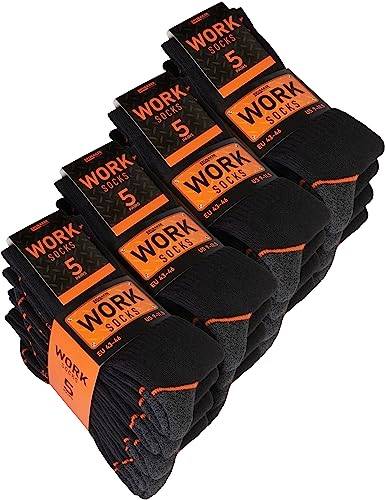 Brubaker 20 Paar Herren Arbeitssocken - Work Socken für optimalen Halt auf der Arbeit - Robuste Funktionssocken aus Baumwolle - Verstärkter Fersen und Zehenbereich - Schwarz Orange - Größe 39-42 von BRUBAKER