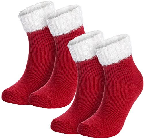 BRUBAKER 2er Pack Warme Damen Socken Rot Weiß - flauschige Weihnachtssocken - Bequeme dicke Bettsocken Kuschelsocken - Wintersocken mit Glitzer Bund - Winter Geschenk für Weihnachten EU 35-38 von BRUBAKER