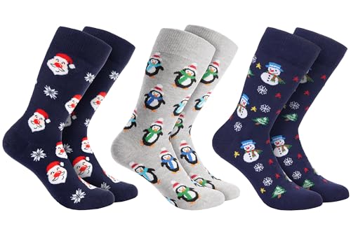 BRUBAKER 3 Paar Weihnachtssocken - Lustige Socken für Damen und Herren mit Weihnachtsmotiven - Schneemann, Pinguine und Weihnachtsmann - Baumwolle Blau - Geschenk Weihnachten - One Size EU 41-45 von BRUBAKER