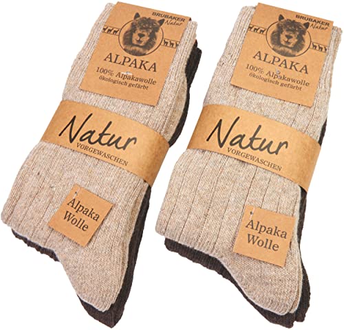 BRUBAKER 4 Paar Alpaka Socken aus 100% Alpakawolle - Warme Feinstrick Wintersocken für Herren und Damen - 4er Set hohe Unisex Wollsocken für Männer und Frauen - Beige Braun - Gr. 39-42 von BRUBAKER