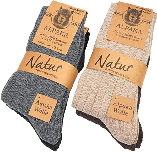 Brubaker 4 Paar Alpaka Socken aus 100% Alpakawolle - Warme Feinstrick Wintersocken für Herren und Damen - 4er Set hohe Unisex Wollsocken für Männer und Frauen - Grau Beige Braun Gr. 43-46 von BRUBAKER