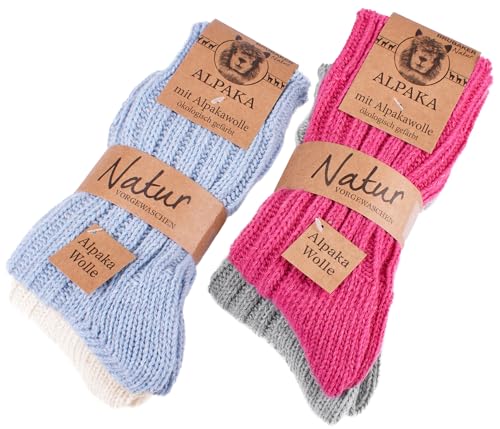 BRUBAKER 4 Paar Alpaka Socken mit Alpakawolle - Wintersocken Set für Damen und Herren - Blau Pink Beige Grau - Größe 35-38 von BRUBAKER