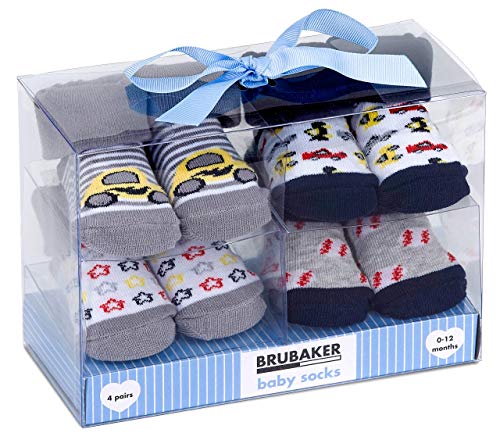 BRUBAKER 4 Paar Babysocken Jungen Mädchen 0-12 Monate - Baby Geschenkset für Neugeborene in Geschenkverpackung mit Schleife - Autos und Sterne von BRUBAKER