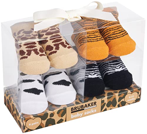 BRUBAKER 4 Paar Babysocken Jungen Mädchen 0-12 Monate - Baby Geschenkset für Neugeborene in Geschenkverpackung mit Schleife - Safari mit Tiger, Zebra und Giraffen Muster von BRUBAKER