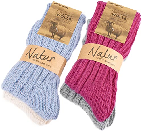 BRUBAKER 4 Paar Kaschmir-Socken für Damen und Herren - Warme Grobstrick Freizeitsocken in hoher Qualität 48% Schafwolle und 40% Cashmere Anteil - Größe 43-46 - Blau Pink Beige Grau von BRUBAKER