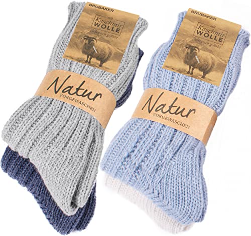 BRUBAKER 4 Paar Kaschmir-Socken für Damen und Herren - Warme Grobstrick Freizeitsocken in hoher Qualität 48% Schafwolle und 40% Cashmere Anteil - Größe 47-50 - Blau Grau Beige von BRUBAKER