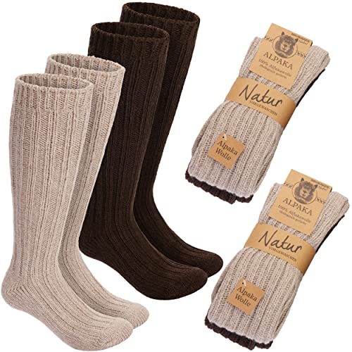 BRUBAKER 4 Paar extra lange Alpaka Socken aus 100% Alpakawolle - Warme wadenlange Wintersocken für Herren und Damen - 4er Set Unisex Wollsocken für Männer und Frauen - Beige Braun - 35-38 von BRUBAKER