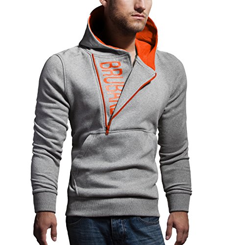 Brubaker Herren Label Sweatshirt mit Kapuze Hellgrau Melange / Orange Größe L von BRUBAKER