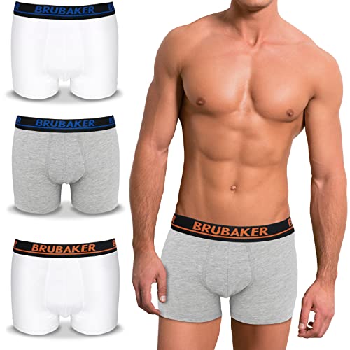 BRUBAKER Herren Retro Boxershorts - 4er Pack Retroshorts - Hipster Boxer Unterhose mit Bund Bequem & Atmungsaktiv ohne Eingriff - Männer Unterwäsche aus Baumwolle - Grau & Weiß Größe L von BRUBAKER