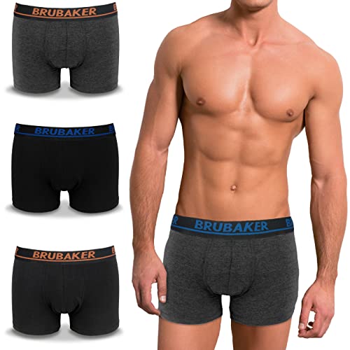 BRUBAKER Herren Retro Boxershorts - 4er Pack Retroshorts - Hipster Boxer Unterhose mit Bund Bequem & Atmungsaktiv ohne Eingriff - Männer Unterwäsche aus Baumwolle Schwarz Anthrazit Größe L von BRUBAKER