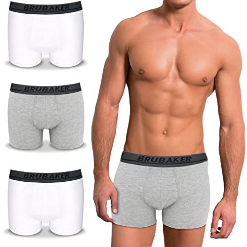 BRUBAKER Herren Retro Boxershorts - 4er Pack Retroshorts - Hipster Boxer Unterhose mit Bund Bequem & Atmungsaktiv ohne Eingriff - Männer Unterwäsche aus Baumwolle - Weiß & Grau Größe L von BRUBAKER