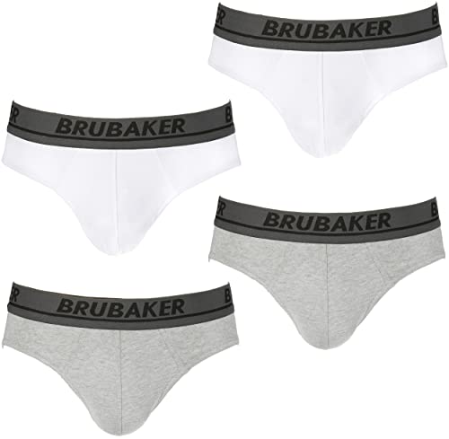 BRUBAKER Herren Slip 4er Pack - Männer Komfort Unterhosen mit elastischem Bund - Stretch Unifarben Unterwäsche aus Baumwolle und Lycra® - Grau & Weiß Größe L von BRUBAKER