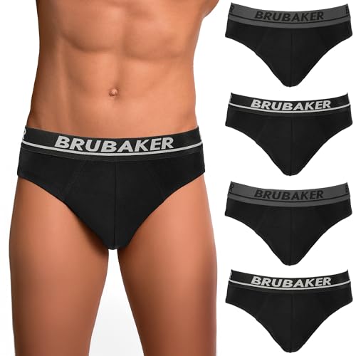 BRUBAKER Herren Slip 4er Pack - Männer Komfort Unterhosen mit elastischem Bund - Stretch Unifarben Unterwäsche aus Baumwolle und Lycra® - Schwarz Größe L von BRUBAKER