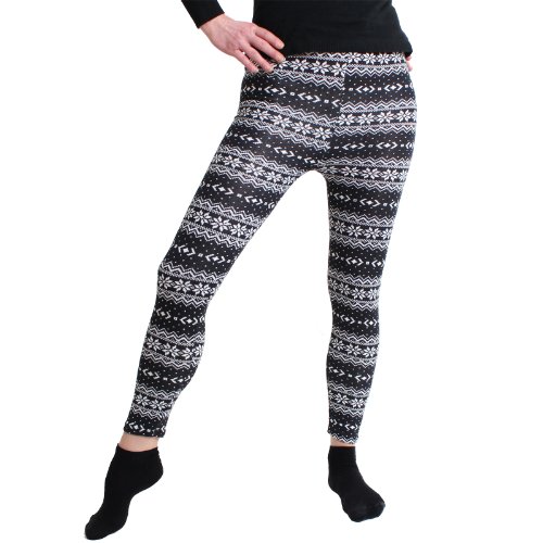 BRUBAKER New York warme Leggings Norweger Style Gr. S M L (Einheitsgröße) Schwarz Weiß mit Eisblumen von BRUBAKER