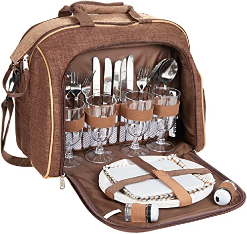 BRUBAKER Picknicktasche für 4 Personen mit Kühlfach - tragbar als Duffelbag oder Schultertasche - Braun 38 × 30 x 21,5 cm von BRUBAKER