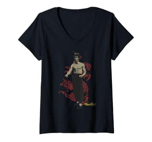 Damen Bruce Lee Full Body With Red Dragon Vintage Portrait T-Shirt mit V-Ausschnitt Damen Bruce Lee Full Body With Red Dragon Vintage Portrait T-Shirt mit V-Ausschnitt von Bruce Lee