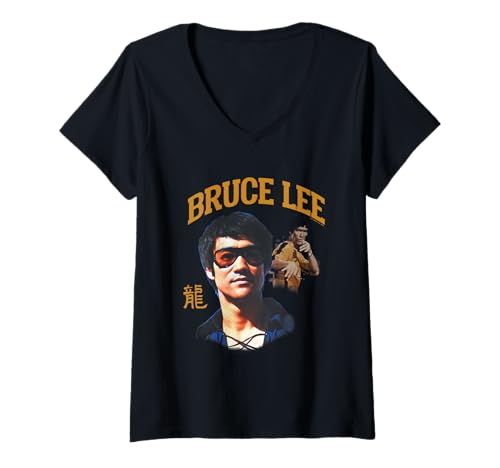Damen Bruce Lee The Dragon Wearing Shades Face Closeup Retro T-Shirt mit V-Ausschnitt von Bruce Lee