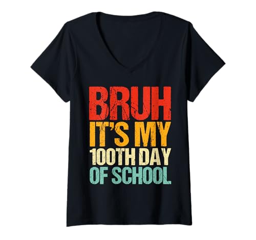 Damen Lustiger Vintage-Bruh zum 100. Schultag für Jungen T-Shirt mit V-Ausschnitt von Bruh 100 Days Of School Clothing Kids Boys