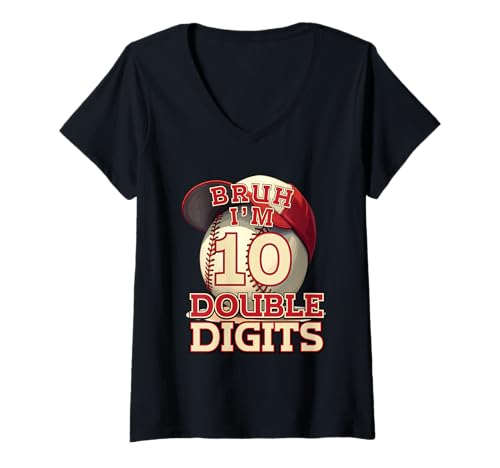 Damen Bruh I'm Baseballspieler, doppelstellig, 10 Jahre alt T-Shirt mit V-Ausschnitt Damen Bruh I'm Baseballspieler, doppelstellig, 10 Jahre alt T-Shirt mit V-Ausschnitt von Bruh I'm Double Digits Baseball Catcher Pitcher