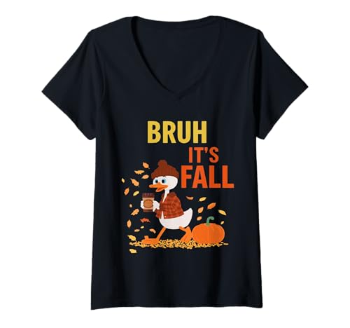 Damen Bruh It's Fall Lustiges Kürbis-Kaffee-Enten-Design T-Shirt mit V-Ausschnitt von Bruh It's Fall Duck Autumn Coffee Lovers