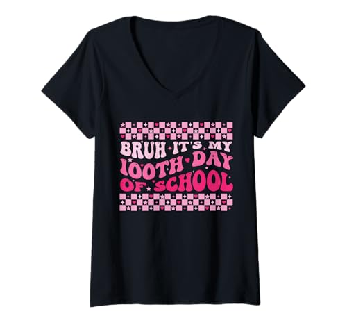 Damen Bruh Es ist Mein 100. Schultag Retro Groovy T-Shirt mit V-Ausschnitt Damen Bruh Es ist Mein 100. Schultag Retro Groovy T-Shirt mit V-Ausschnitt von Bruh It's My 100 Days of School Retro Groovy Kids