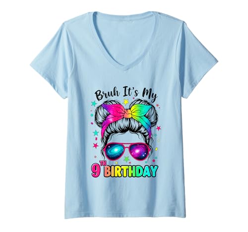 Damen Bruh It's My 9th Birthday 9 Year Old Birthday Girl T-Shirt mit V-Ausschnitt von Bruh Its My 9th Birthday Party Vibes Outfit