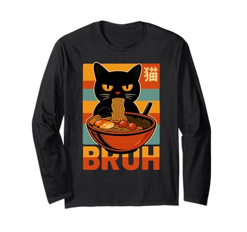 Funny Cat Bruh Meme Eating Ramen Japanese Anime Boys Girls Langarmshirt von Bruh Kawaii Cat Eating Noodles For Teens Boys