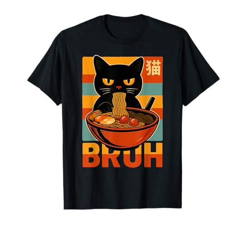 Funny Cat Bruh Meme Eating Ramen Japanese Anime Boys Girls T-Shirt von Bruh Kawaii Cat Eating Noodles For Teens Boys