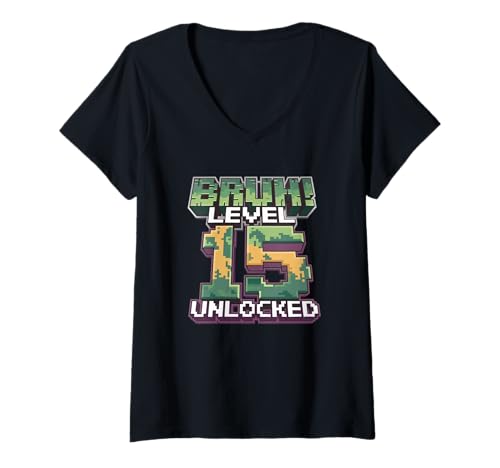 Damen Level 15 Unlocked Funny Gamer Birthday Design T-Shirt mit V-Ausschnitt Damen Level 15 Unlocked Funny Gamer Birthday Design T-Shirt mit V-Ausschnitt von Bruh Level 15 Unlocked Pixel Gaming Design
