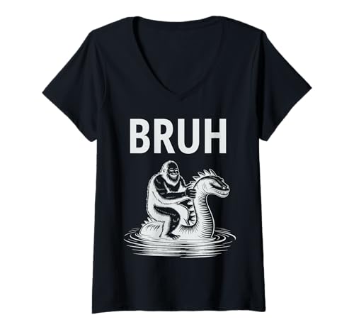 Damen Bigfoot Reiten Loch Ness Monster, Lustiges Bruh Meme T-Shirt mit V-Ausschnitt Damen Bigfoot Reiten Loch Ness Monster, Lustiges Bruh Meme T-Shirt mit V-Ausschnitt von Bruh Monster Artworks