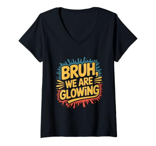 Damen Bruh We Are Glowing Hello Summer Splatter Group im Retro-Look T-Shirt mit V-Ausschnitt Damen Bruh We Are Glowing Hello Summer Splatter Group im Retro-Look T-Shirt mit V-Ausschnitt von Bruh We Are Glowing Summer Go Team