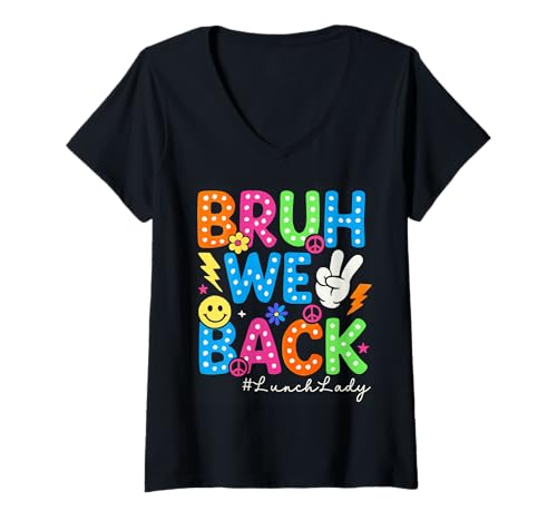 Damen Bruh We Back Lunch Lady Retro Smile Face Zurück Zur Schule T-Shirt mit V-Ausschnitt von Bruh We Back First Day of School Teachers Students
