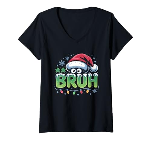 Damen Bruh Christmas Lustiges Weihnachts-Humor-Meme für Kinder, Teenager und Jungen T-Shirt mit V-Ausschnitt von Bruh Xmas Lights Santa Hat For Youth
