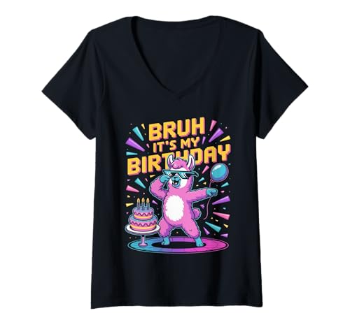 Damen Bruh, es ist Mein Geburtstag, lustige Lama Pinata Bday Party T-Shirt mit V-Ausschnitt von Bruh llama Pinata Bday Party