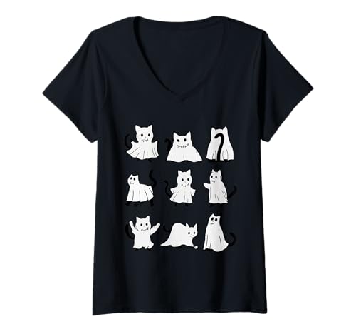 Damen Halloween Geister-Katzen Für Katzenfans T-Shirt mit V-Ausschnitt Damen Halloween Geister-Katzen Für Katzenfans T-Shirt mit V-Ausschnitt von Brummkatze Geschenke Shop