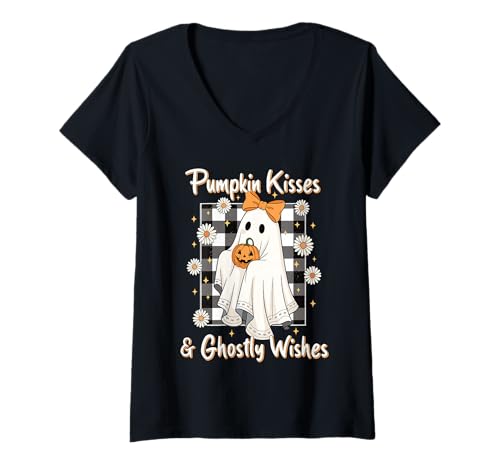 Damen Süßes Halloween Motiv mit Geist und Kürbis T-Shirt mit V-Ausschnitt Damen Süßes Halloween Motiv mit Geist und Kürbis T-Shirt mit V-Ausschnitt von Brummkatze Halloween Shop