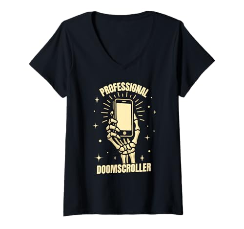 Damen Lustiger Skelett Doomscrolling Handy Humor Spruch T-Shirt mit V-Ausschnitt Damen Lustiger Skelett Doomscrolling Handy Humor Spruch T-Shirt mit V-Ausschnitt von Brummkatze Shop