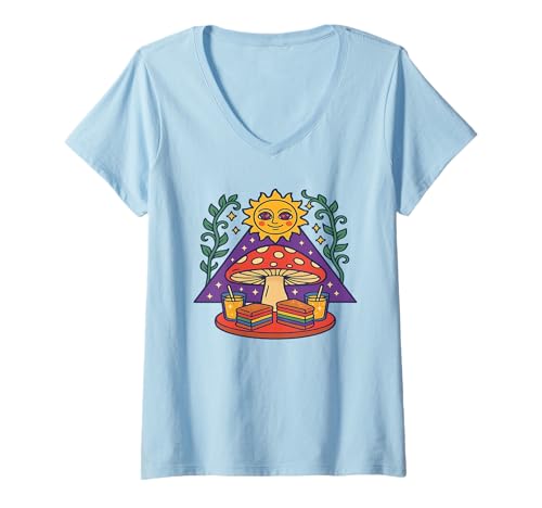 Damen Lächelnde kosmische Sonne, Pyramide, Pilz, Essen & Trinken T-Shirt mit V-Ausschnitt Damen Lächelnde kosmische Sonne, Pyramide, Pilz, Essen & Trinken T-Shirt mit V-Ausschnitt von Brunch Vibes Art Apparel