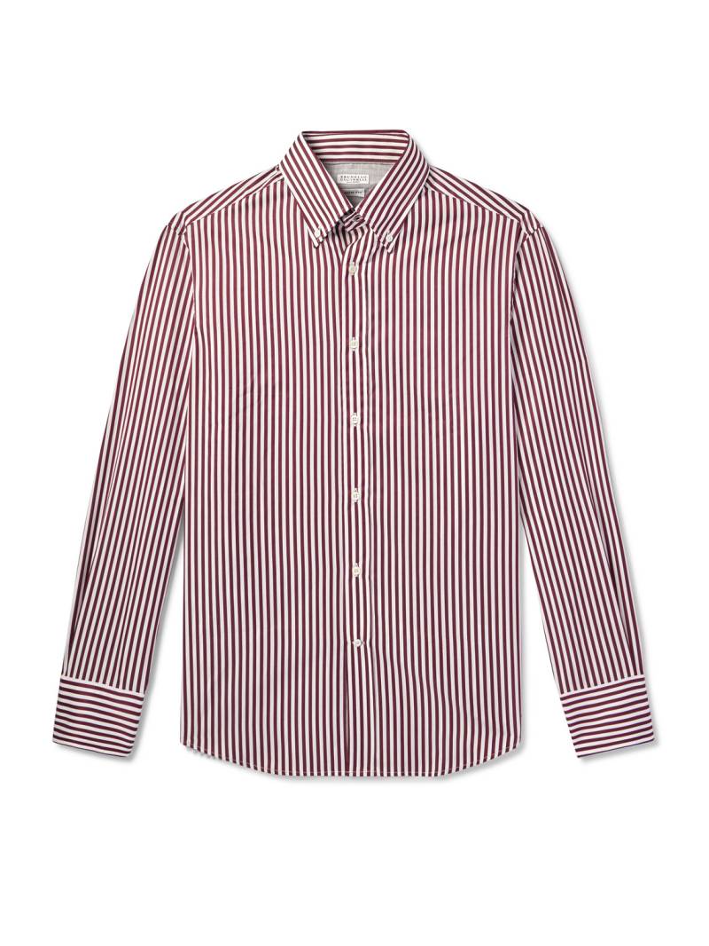 Brunello Cucinelli - Button-Down Collar Striped Cotton-Poplin Shirt - Men - Burgundy - XXL von Brunello Cucinelli