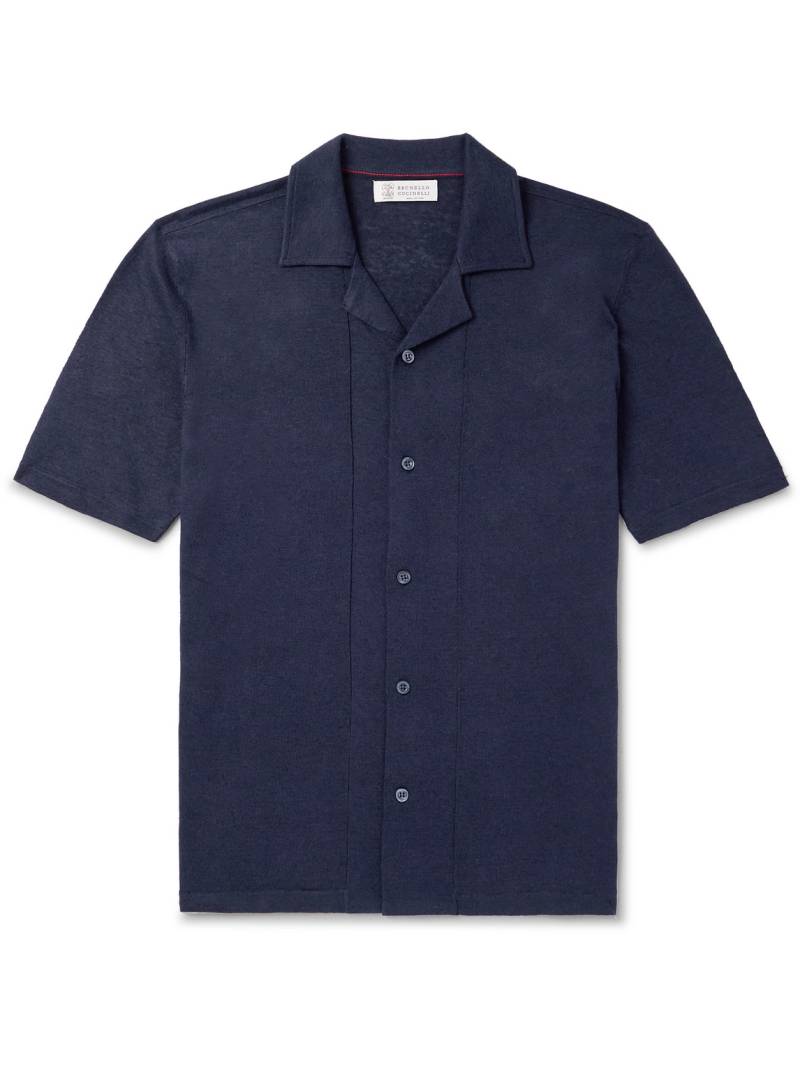 Brunello Cucinelli - Camp-Collar Slub Linen and Cotton-Blend Shirt - Men - Blue - IT 48 von Brunello Cucinelli