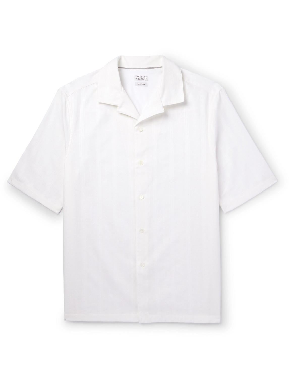Brunello Cucinelli - Camp-Collar Striped Textured-Cotton Shirt - Men - White - L von Brunello Cucinelli
