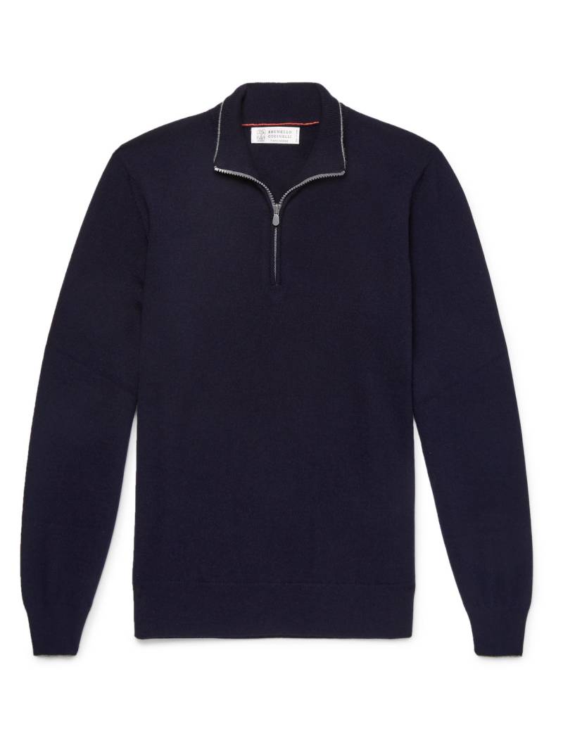 Brunello Cucinelli - Contrast-Tipped Cashmere Half-Zip Sweater - Men - Blue - IT 54 von Brunello Cucinelli