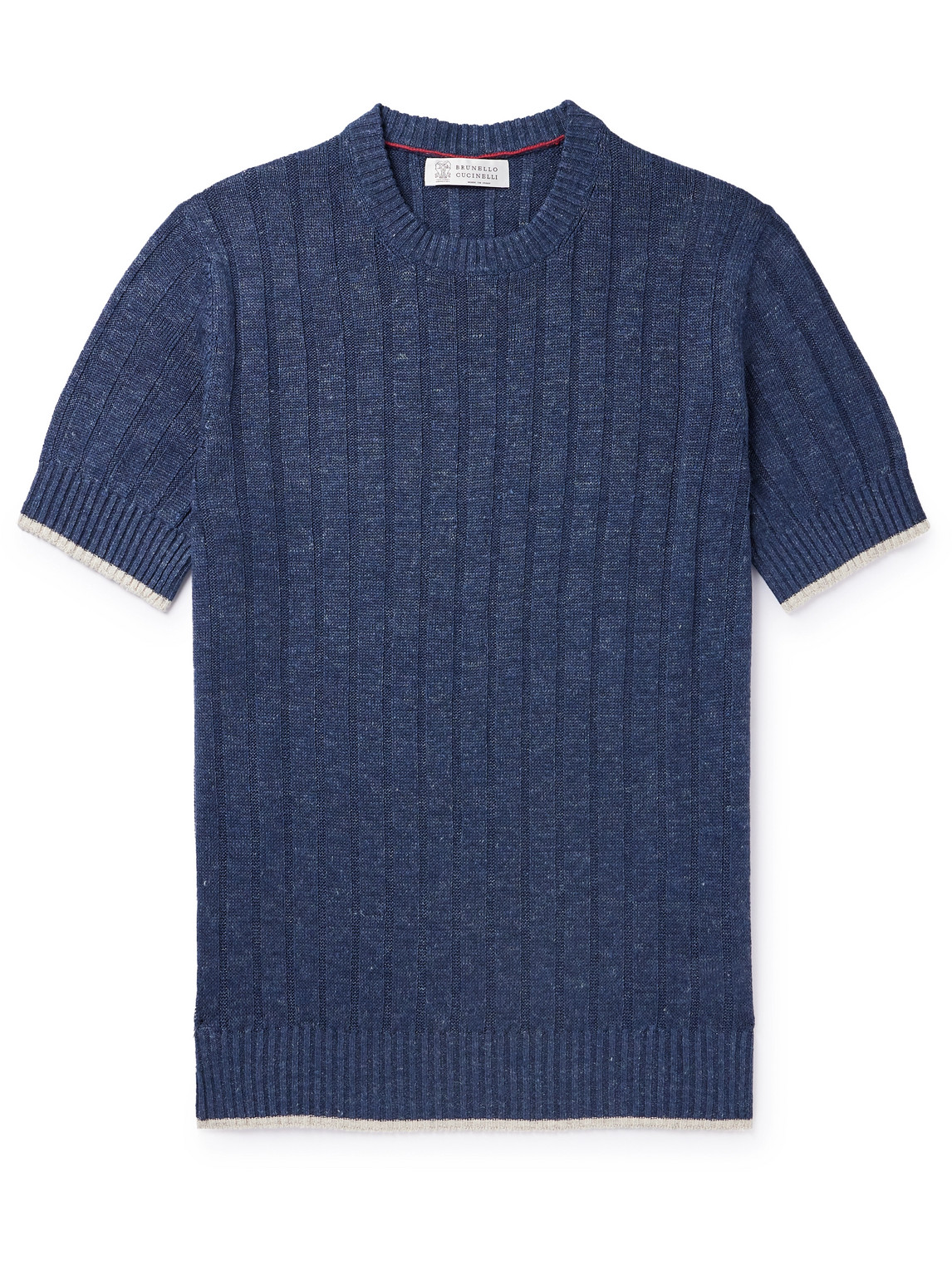 Brunello Cucinelli - Contrast-Tipped Linen and Cotton-Blend T-Shirt - Men - Blue - IT 60 von Brunello Cucinelli