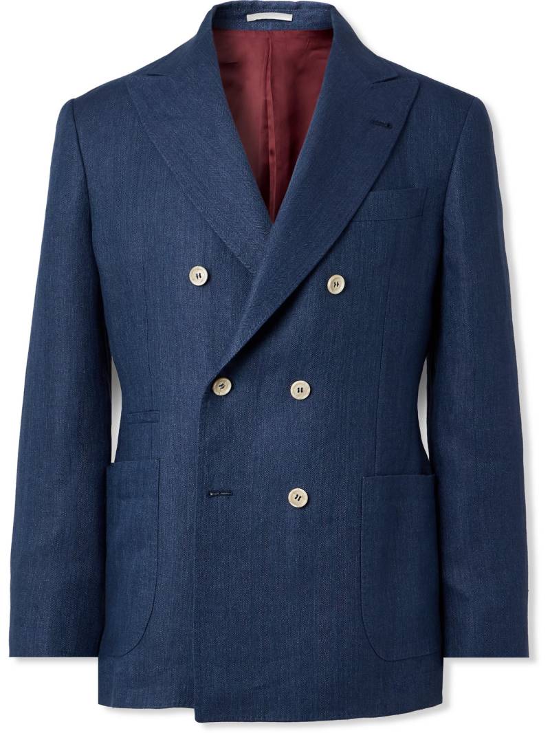 Brunello Cucinelli - Double-Breasted Herringbone Linen Blazer - Men - Blue - IT 52 von Brunello Cucinelli