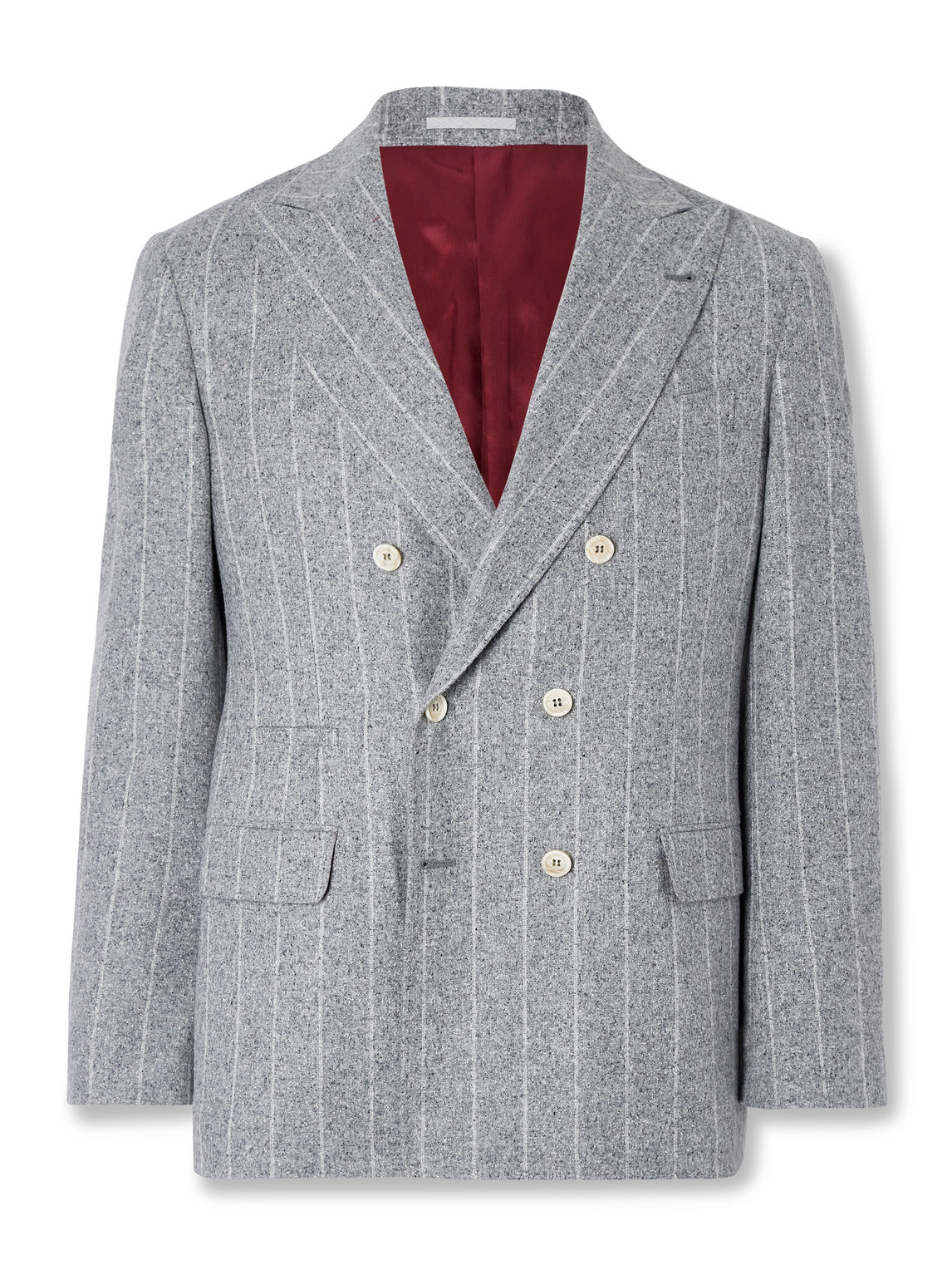 Brunello Cucinelli - Double-Breasted Striped Silk, Wool and Cashmere-Blend Blazer - Men - Gray - IT 48 von Brunello Cucinelli
