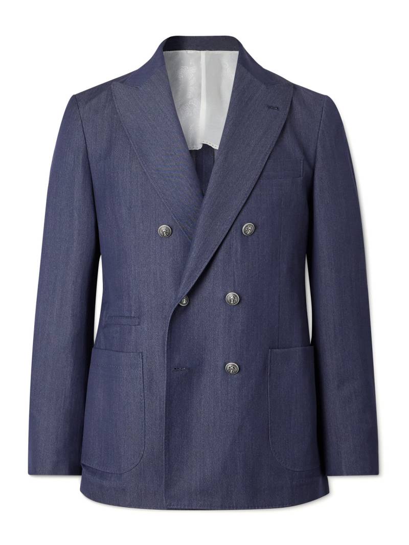Brunello Cucinelli - Double-Breasted Virgin Wool, Abaca and Silk-Blend Blazer - Men - Blue - IT 50 von Brunello Cucinelli